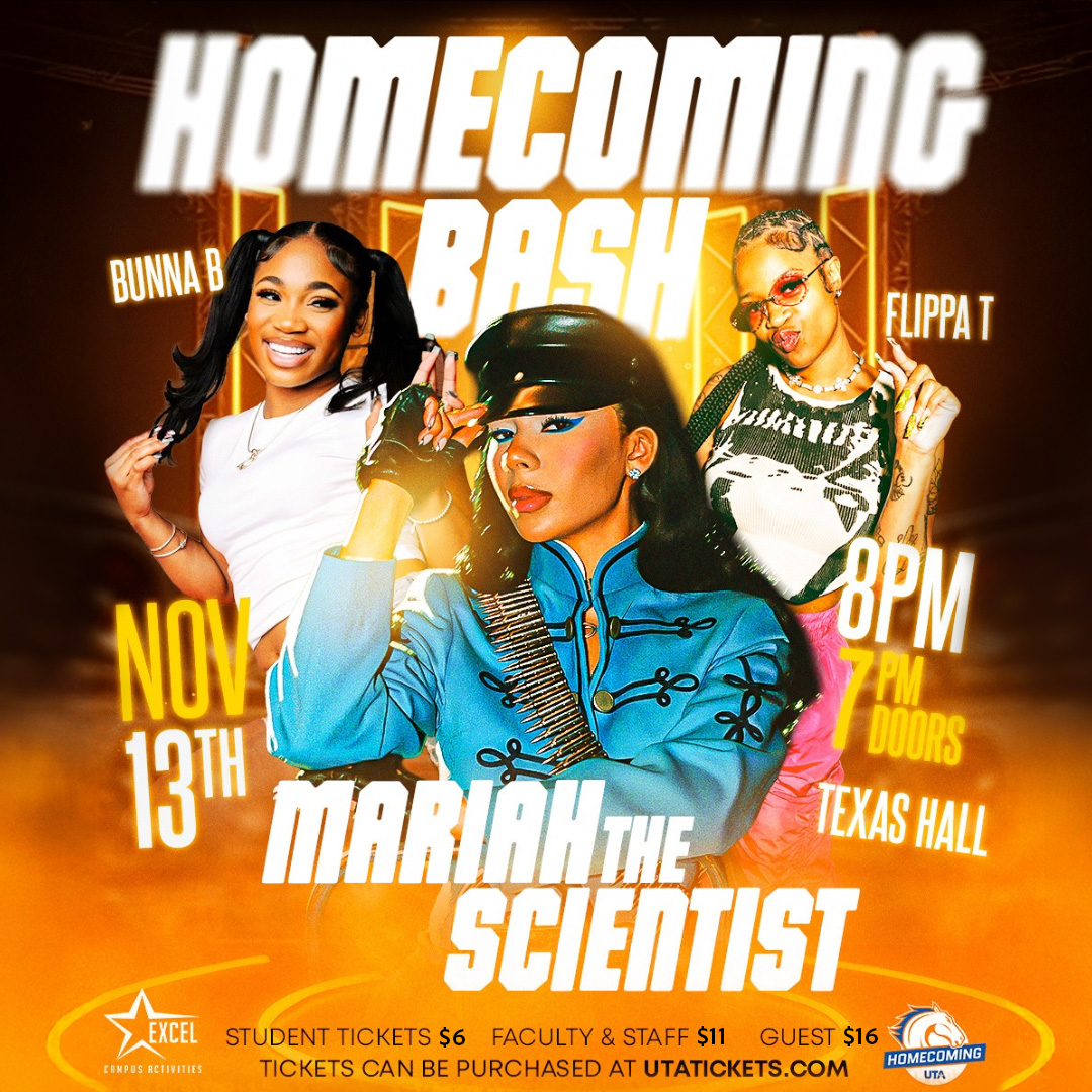 Homecoming Bash at Texas Hall November 13, starring Mariah The Scientist, Bunna B, and Flippa T